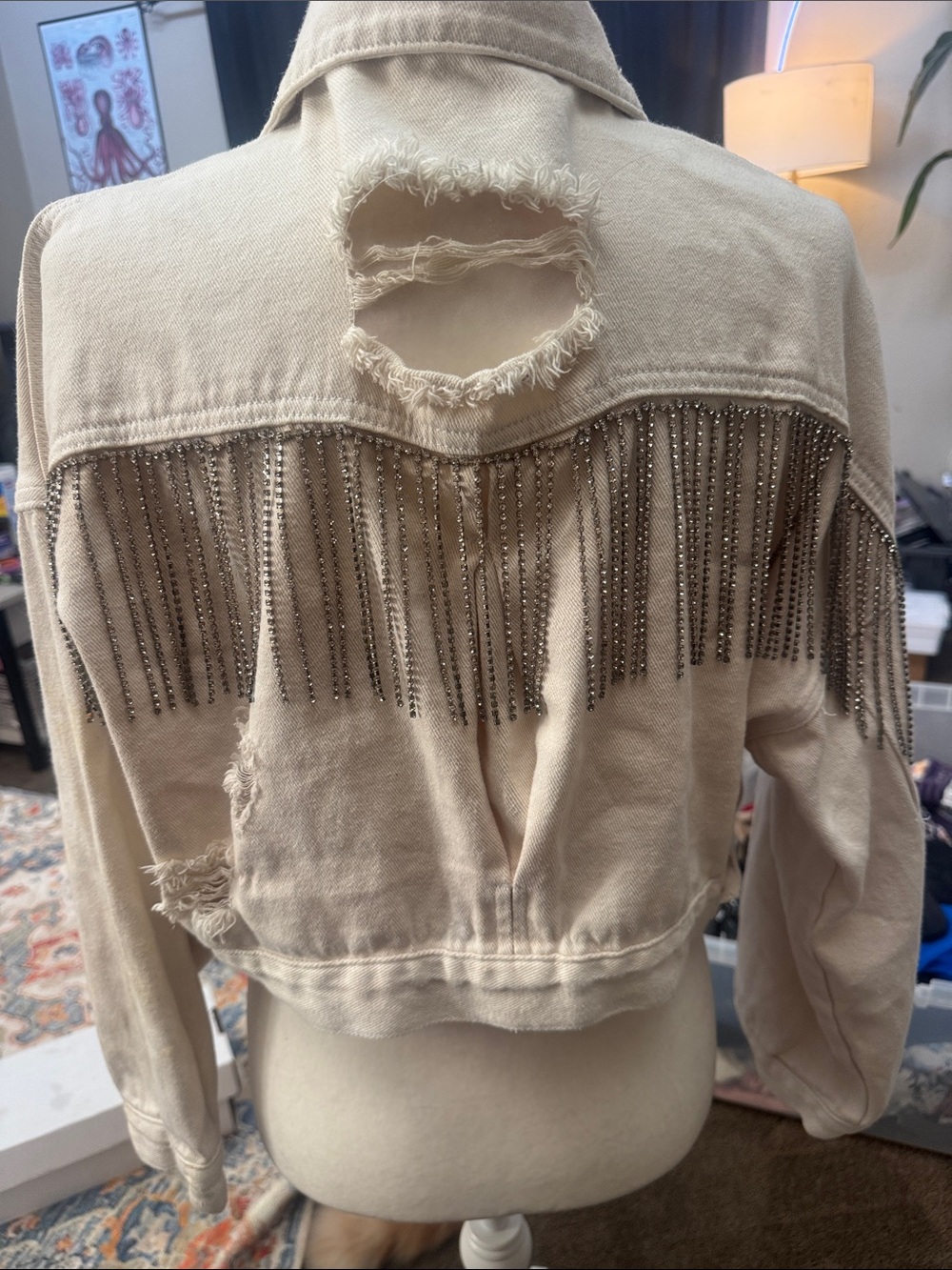 Blue B Collection Rhinestone Fringe Distressed Denim Jacket S/M